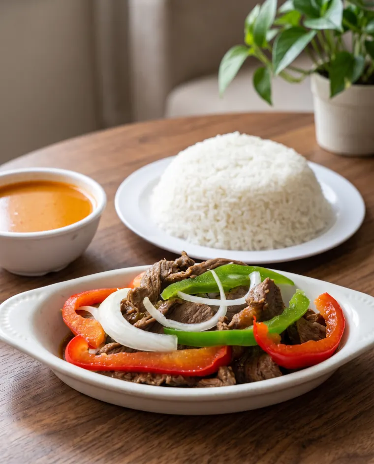 Steak and onions with rice served at El Típico